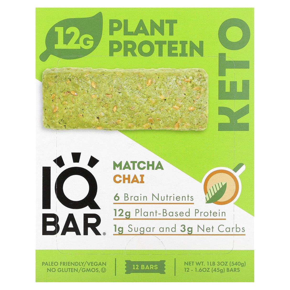 IQBAR, Plant Protein Bar, Matcha Chai, 12 Bars, 1.6 oz (45 g) Each - Supply Center USA
