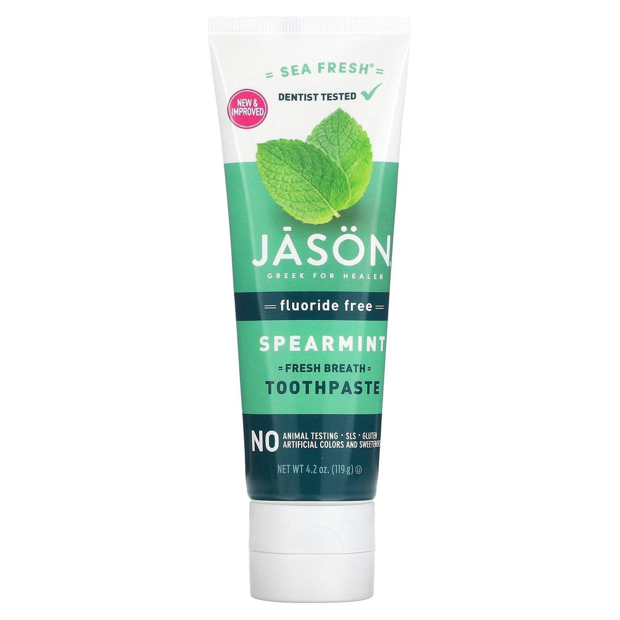 Jason Natural, Sea Fresh, Fresh Breath Toothpaste, Fluoride Free, Spearmint, 4.2 oz (119 g) - Supply Center USA