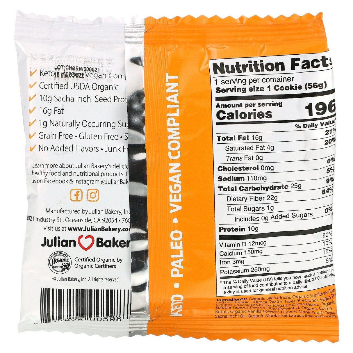 Julian Bakery, Keto Thin Brownie, 1.98 oz (56 g) - Supply Center USA