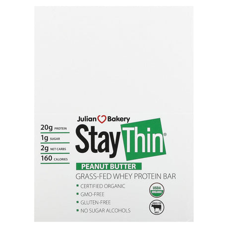 Julian Bakery, Stay Thin, Grass-Fed Whey Protein Bar, Peanut Butter, 12 Bars, 2.1 oz (59.7 g) Each - Supply Center USA