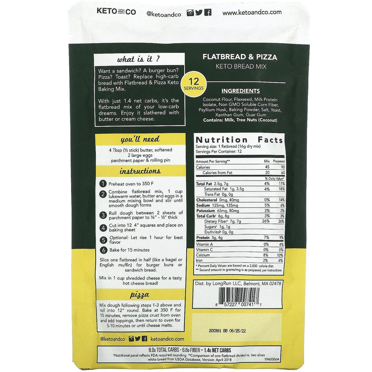 Keto and Co, Keto Bread Mix, Flatbread & Pizza, 6.7 oz (190 g) - Supply Center USA