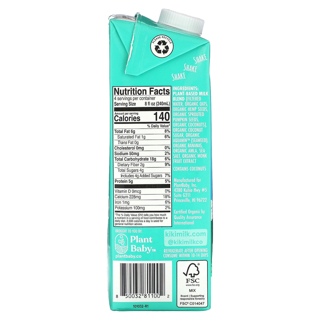 Kiki Milk, Organic Plant-Based Milk, Original, 32 fl oz (946 ml) - Supply Center USA