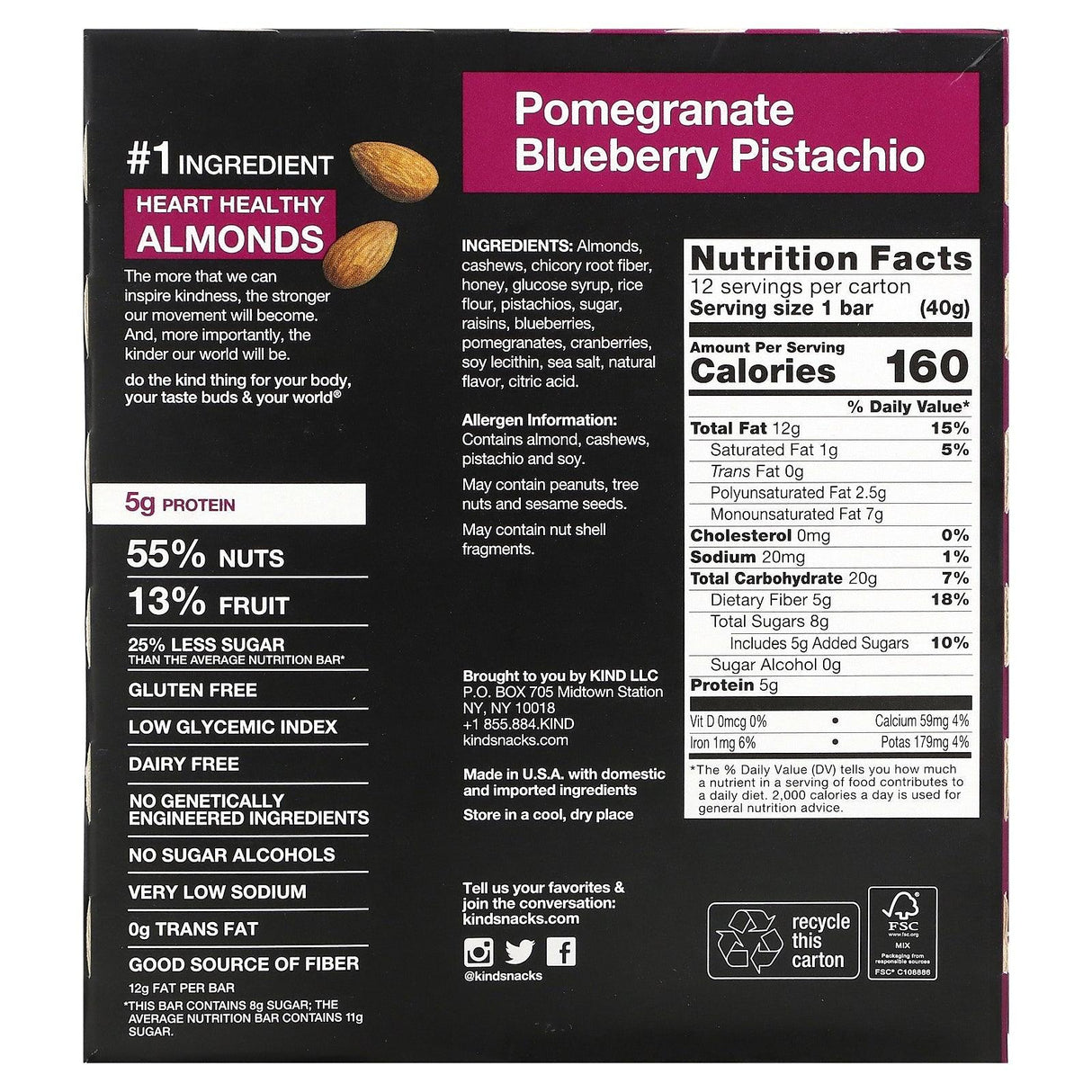 KIND Bars, Pomegranate Blueberry Pistachio, 12 Bars, 1.4 oz (40 g) Each - Supply Center USA