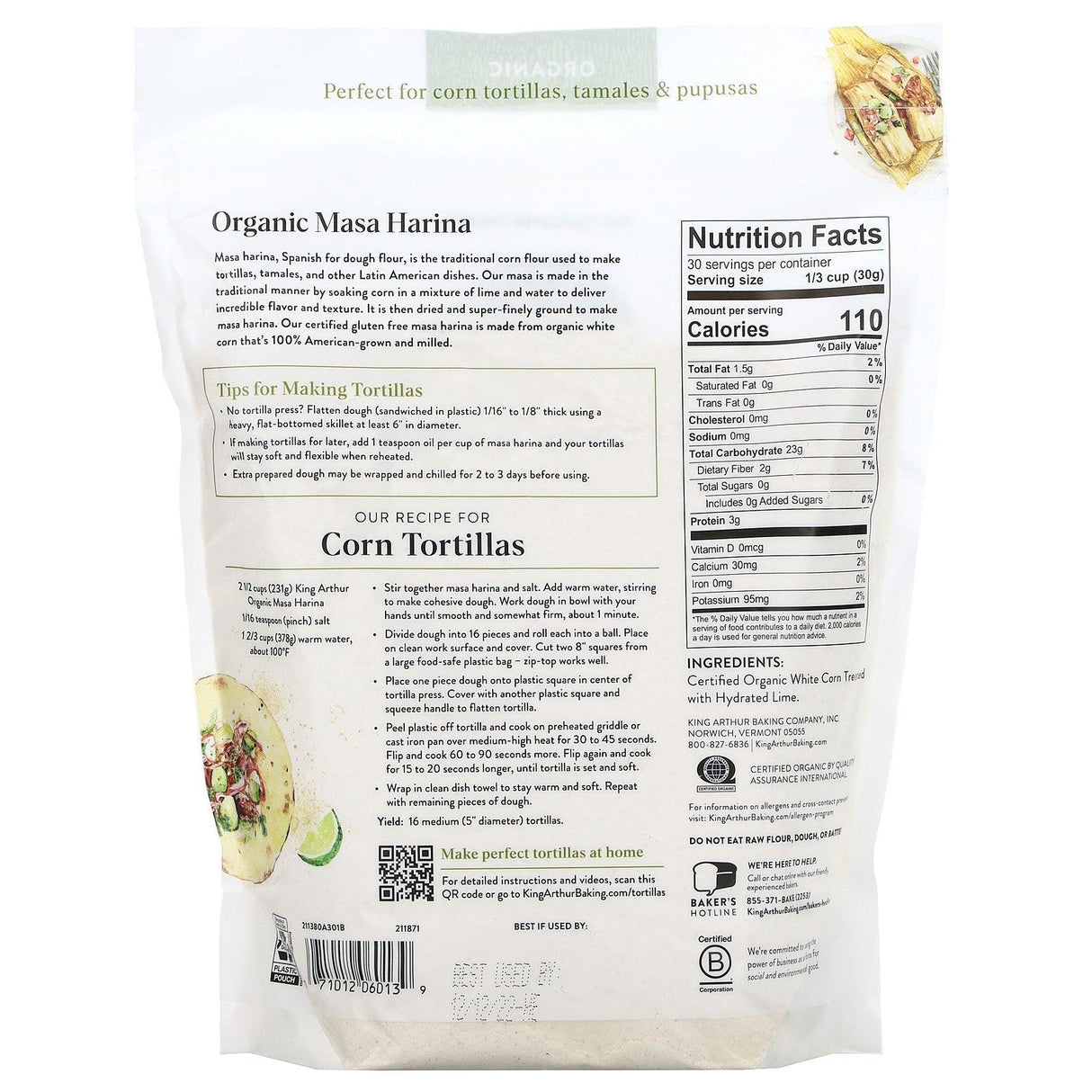King Arthur Flour, Finely Ground White Corn Organic Masa Harina Flour, 2 lbs (907 g) - Supply Center USA
