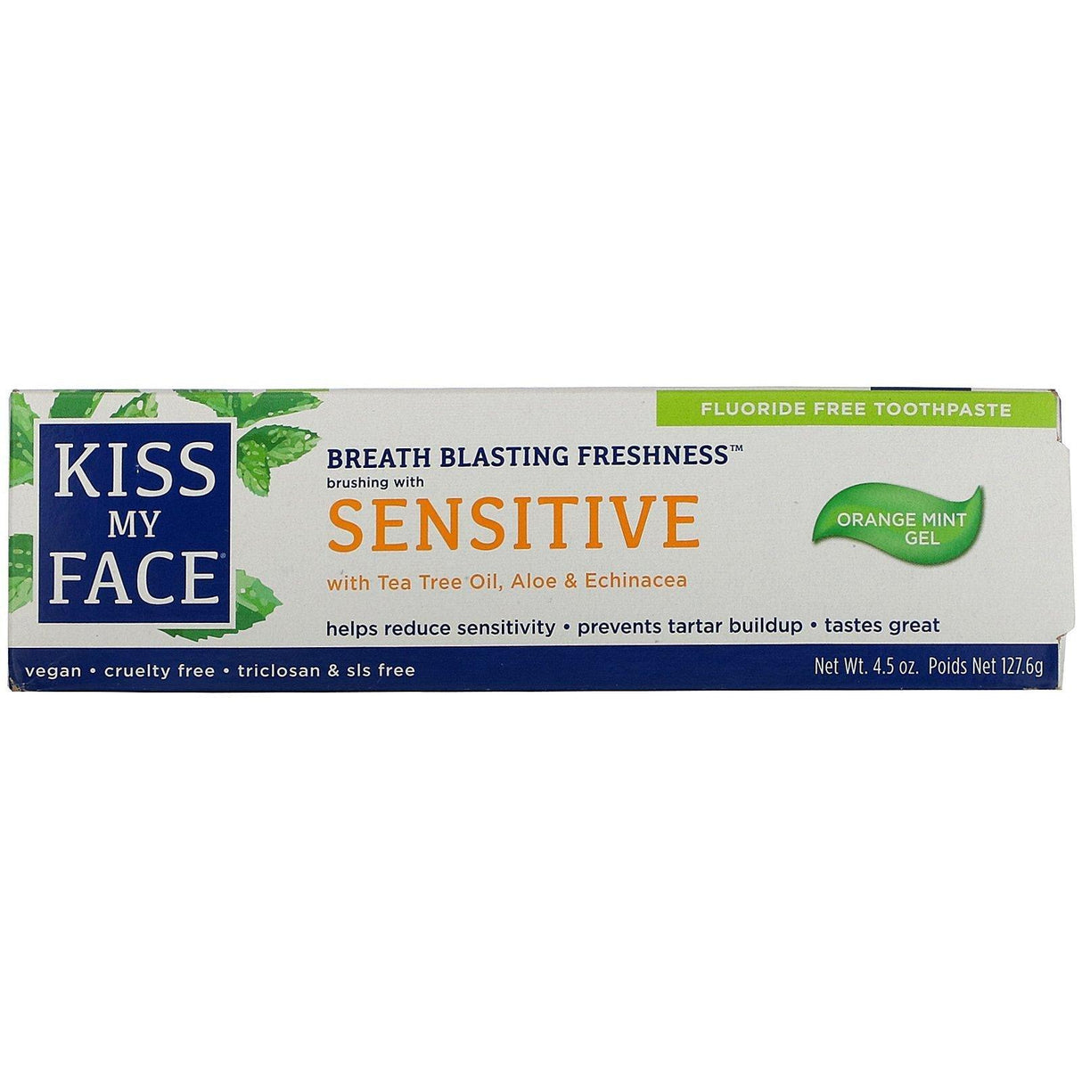 Kiss My Face, Sensitive Toothpaste with Tea Tree Oil, Aloe & Echinacea, Fluoride Free, Orange Mint Gel, 4.5 oz (127.6 g) - Supply Center USA
