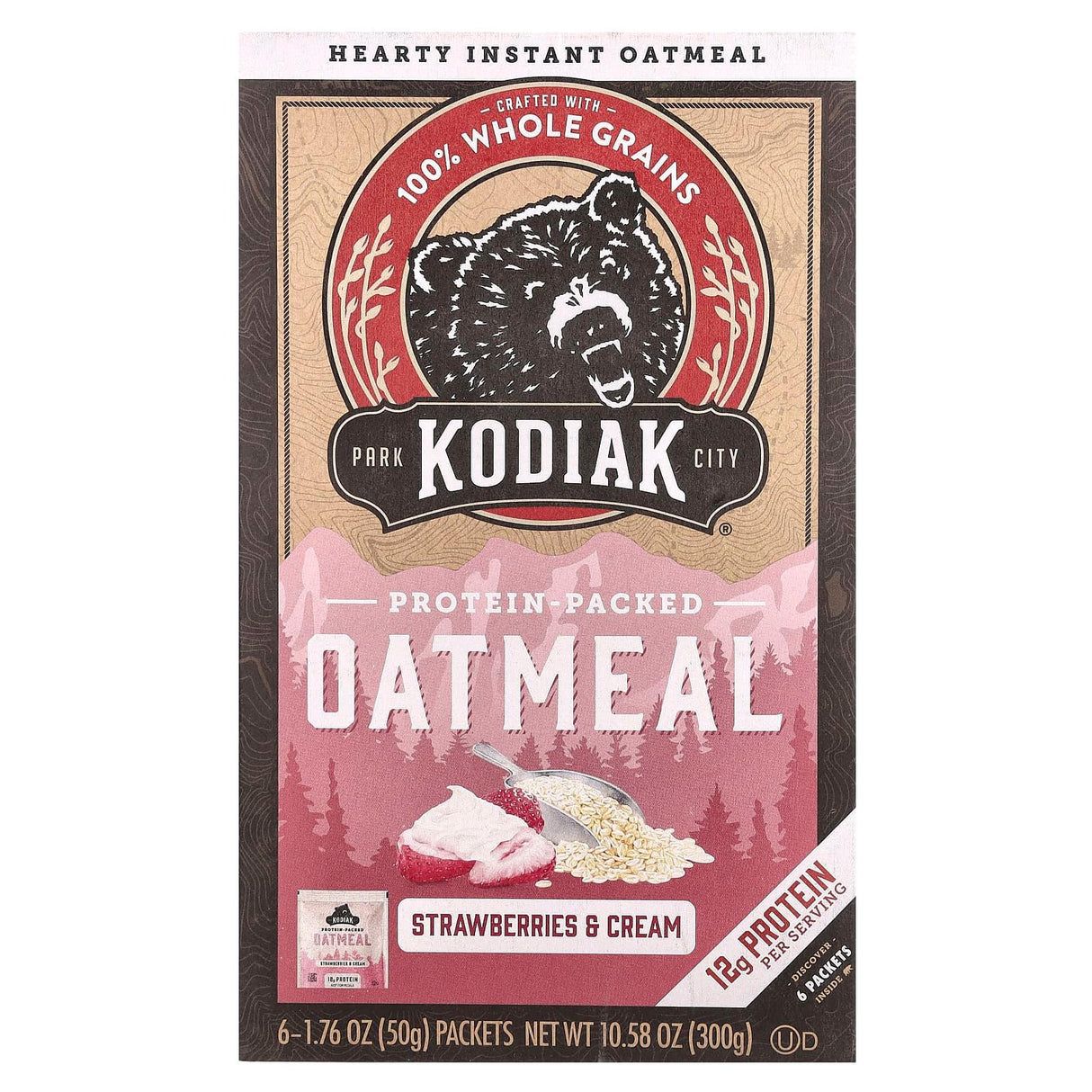 Kodiak Cakes, Protein-Packed Oatmeal, Strawberries & Cream, 6 Packets, 1.76 oz (50 g) Each - Supply Center USA