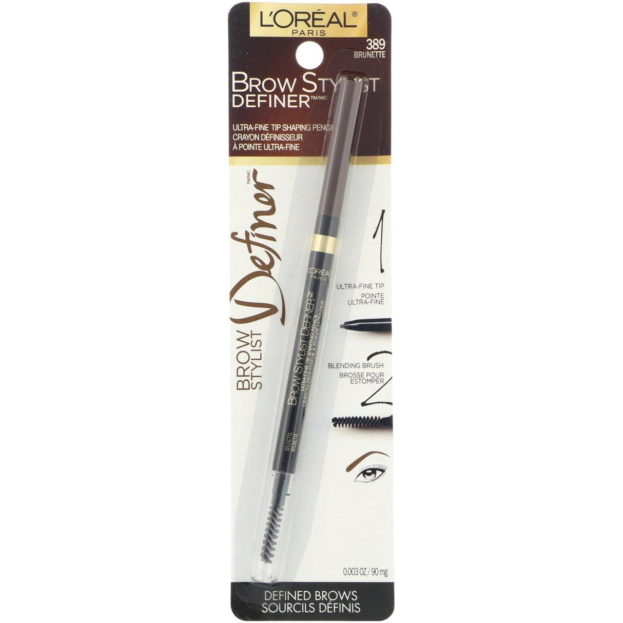 L'Oreal, Brow Stylist Definer, Ultra Fine Tip, 389 Brunette, 0.003 oz (90 mg) - Supply Center USA