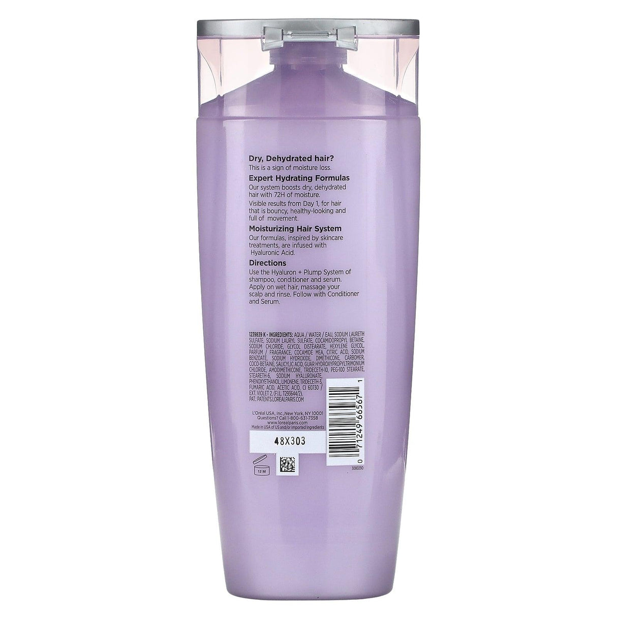 L'Oréal, Elvive, Hyaluron + Plump, 72H Hydrating Shampoo, Dry, Dehydrated Hair, 12.6 fl oz (375 ml) - Supply Center USA