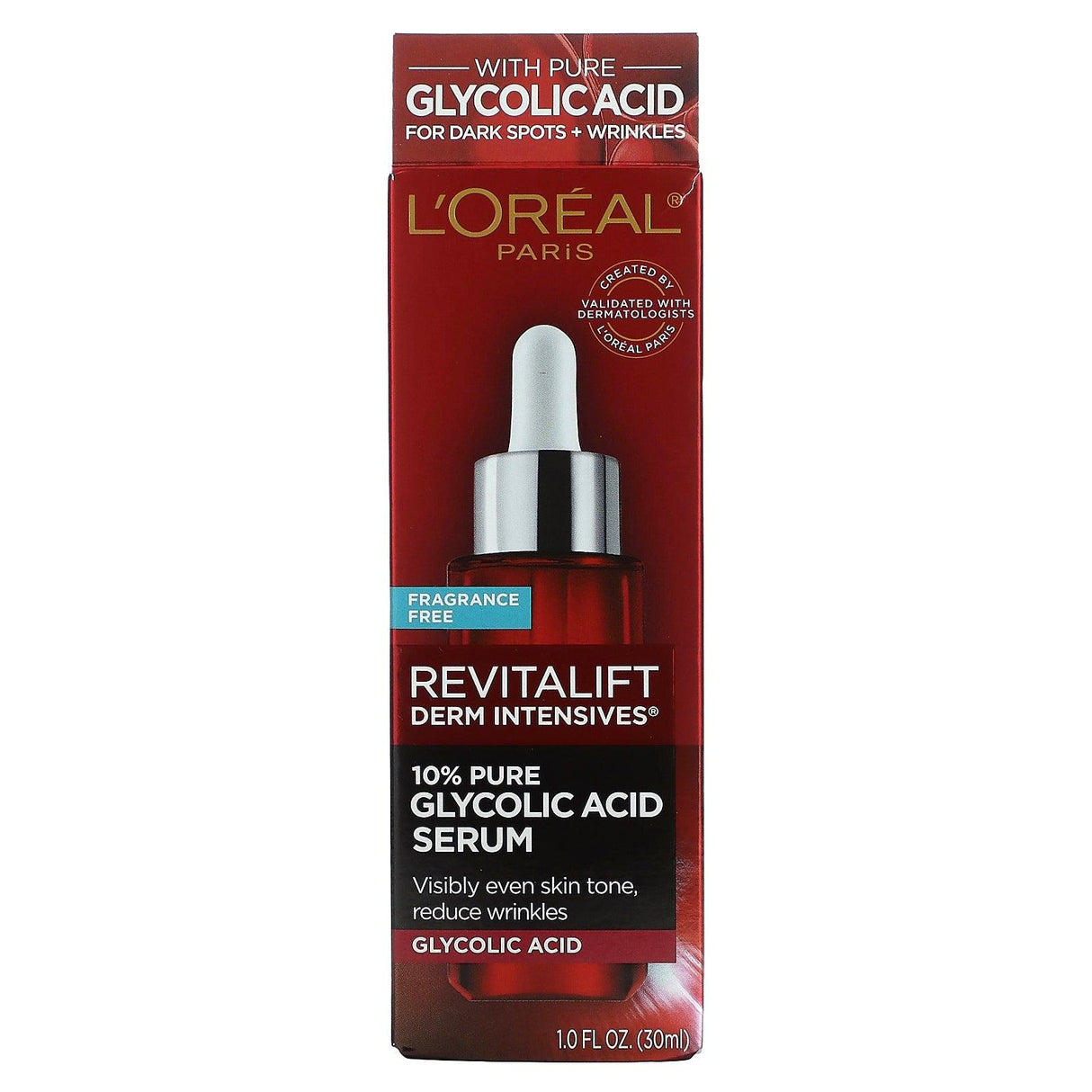 L'Oréal, Revitalift Derm Intensives, 10% Pure Glycolic Acid Serum, Fragrance Free, 1 fl oz (30 ml) - Supply Center USA