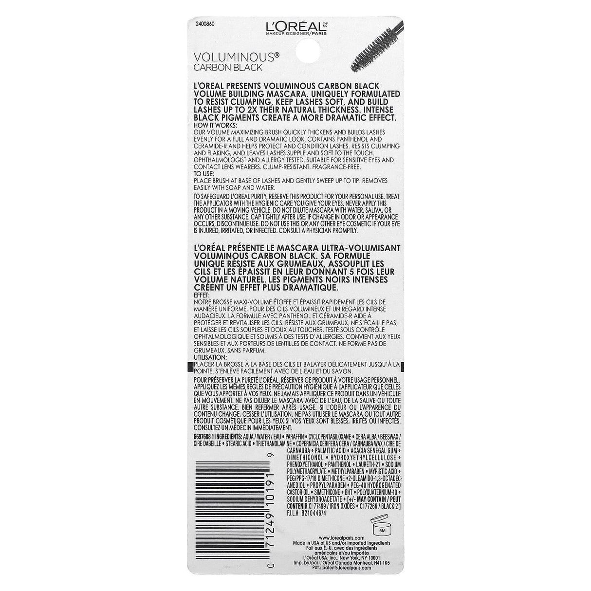 L'Oréal, Voluminous Carbon Black Volume Building Mascara, 335 Carbon Black, 0.26 fl oz (7.7 ml) - Supply Center USA