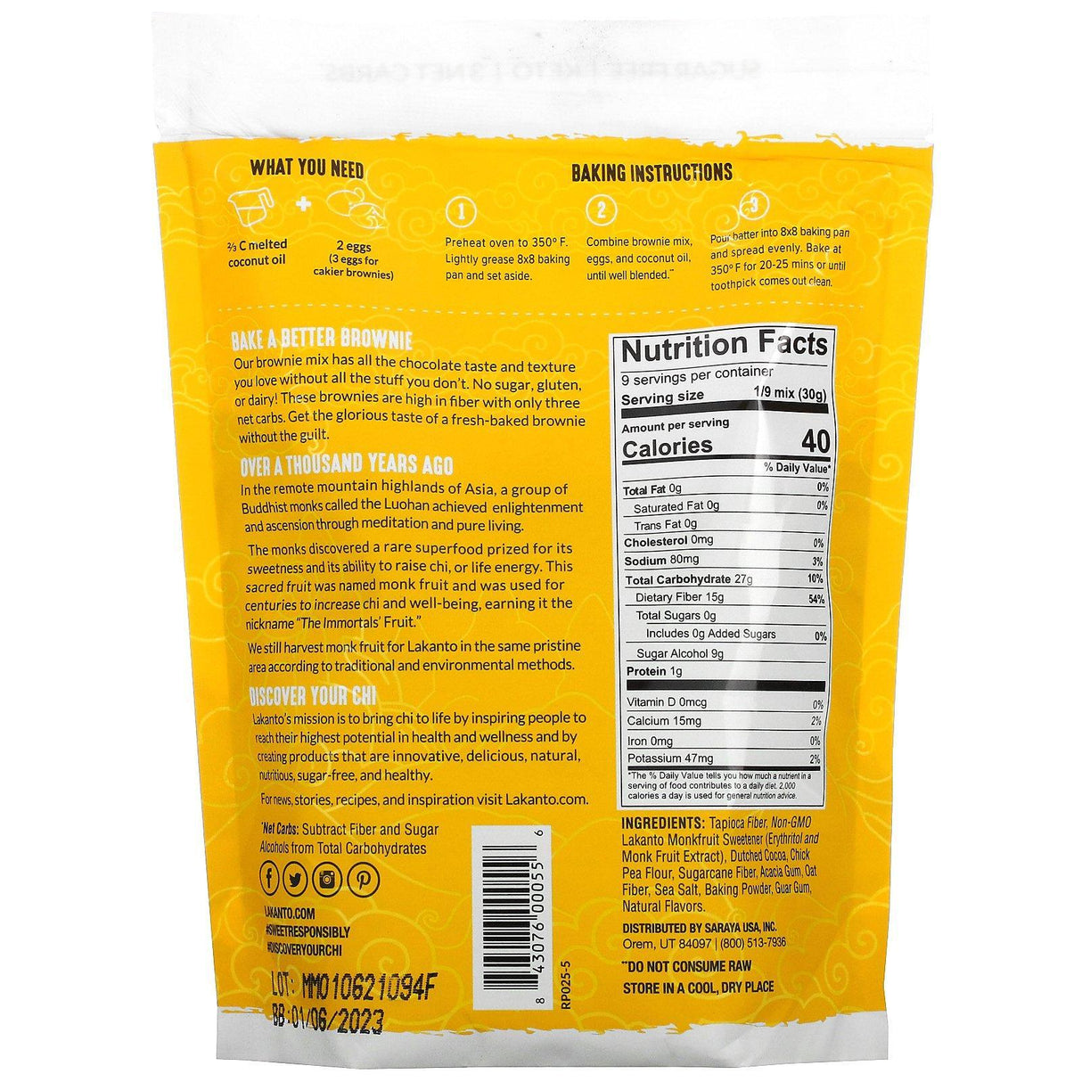 Lakanto, Brownie Mix, Sweetened with Monkfruit, Sugar Free, 9.7 oz (275 g) - Supply Center USA