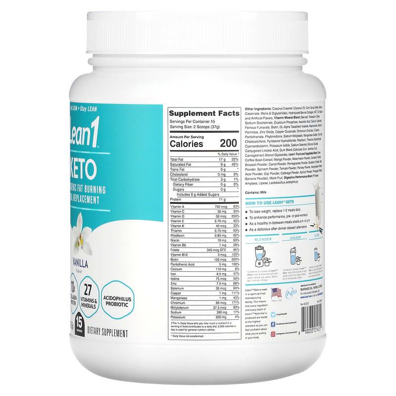 Lean1, Keto, Ketogenic Fat Burning Meal Replacement, Vanilla, 1.2 lb (555 g) - Supply Center USA