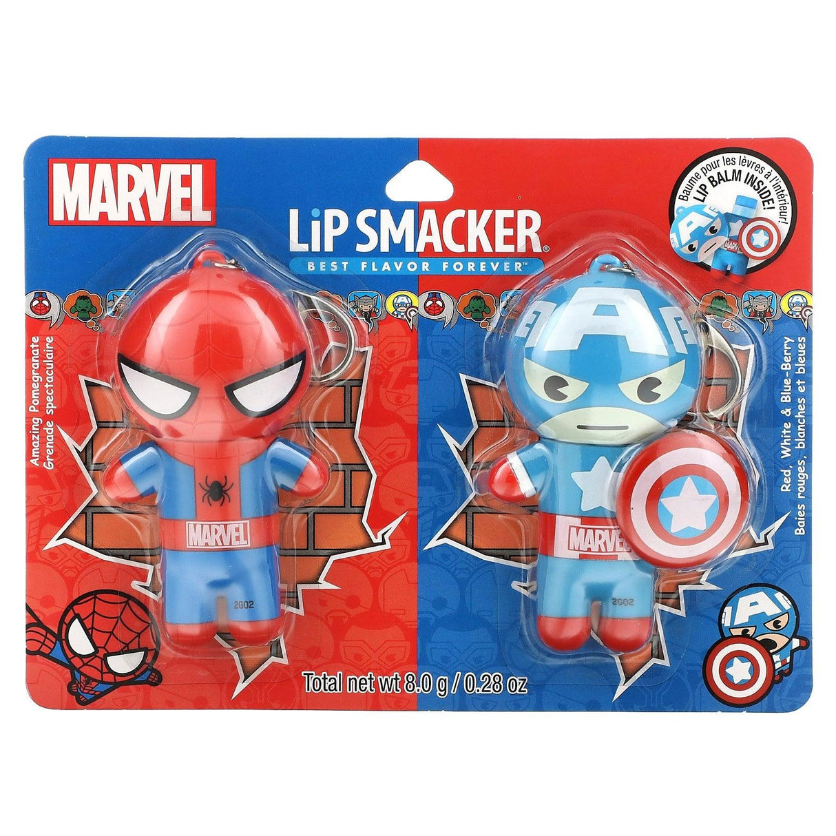 Lip Smacker, Marvel, Lip Balm, Spider-Man Amazing Pomegranate, Captain America Red, White, & Blue-Berry, 2 Pack, 0.14 oz (4 g) Each - Supply Center USA