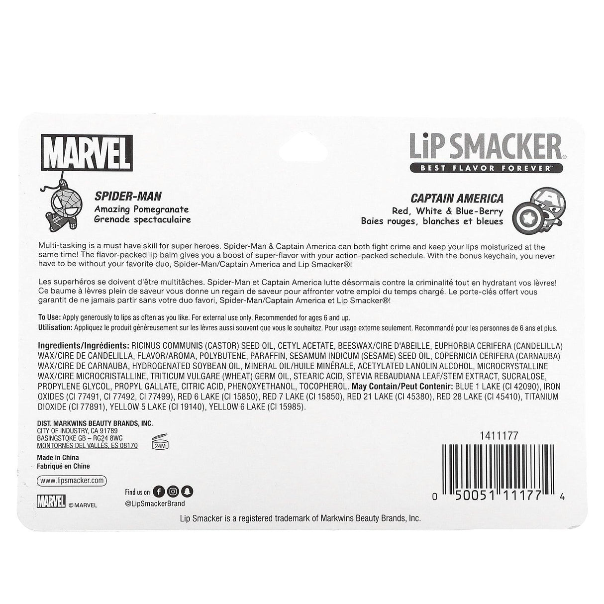 Lip Smacker, Marvel, Lip Balm, Spider-Man Amazing Pomegranate, Captain America Red, White, & Blue-Berry, 2 Pack, 0.14 oz (4 g) Each - Supply Center USA