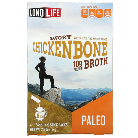 Lonolife, Broth, Chicken Bone, Paleo, 4 Stick Packs, .56 oz (16 g) Each - Supply Center USA