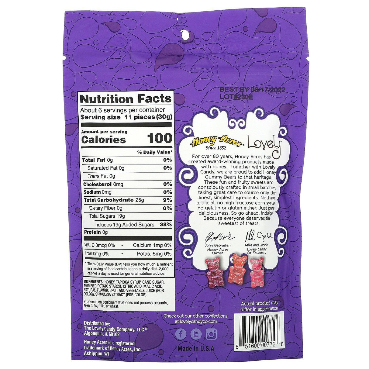 Lovely Candy, Honey Gummy Bears, Sour Cherry, Strawberry, Blue Raspberry, 6 oz (170 g) - Supply Center USA