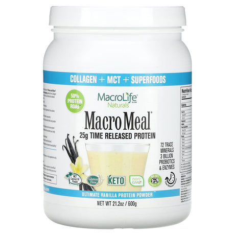 Macrolife Naturals, MacroMeal, Ultimate Protein Powder, Vanilla , 21.2 oz (600 g) - Supply Center USA