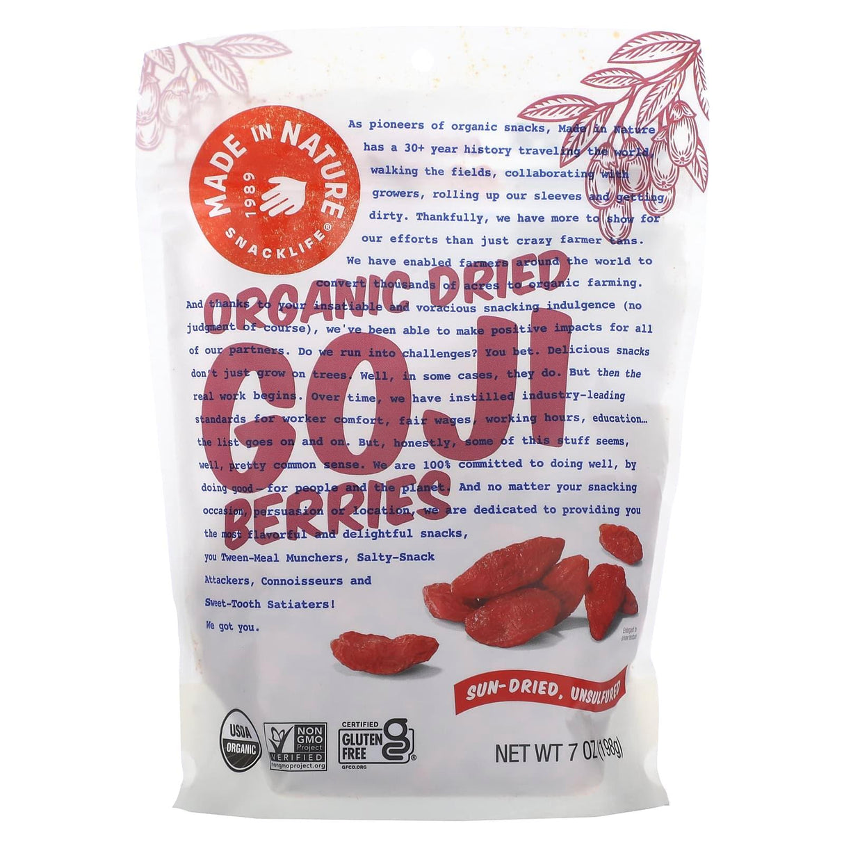 Made in Nature, Organic Dried Goji Berries, Sun-Dried, Unsulfured, 7 oz (198 g) - Supply Center USA