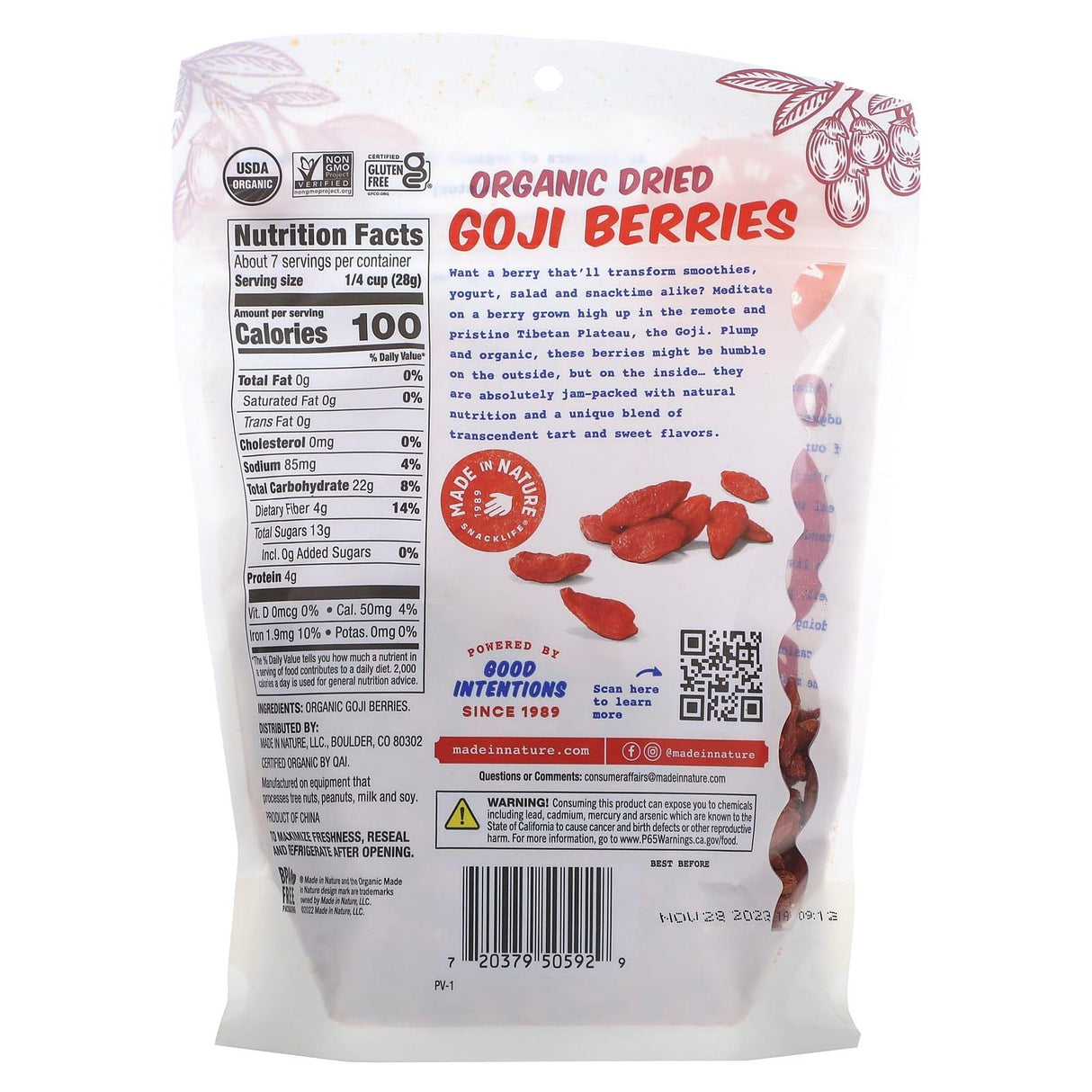 Made in Nature, Organic Dried Goji Berries, Sun-Dried, Unsulfured, 7 oz (198 g) - Supply Center USA