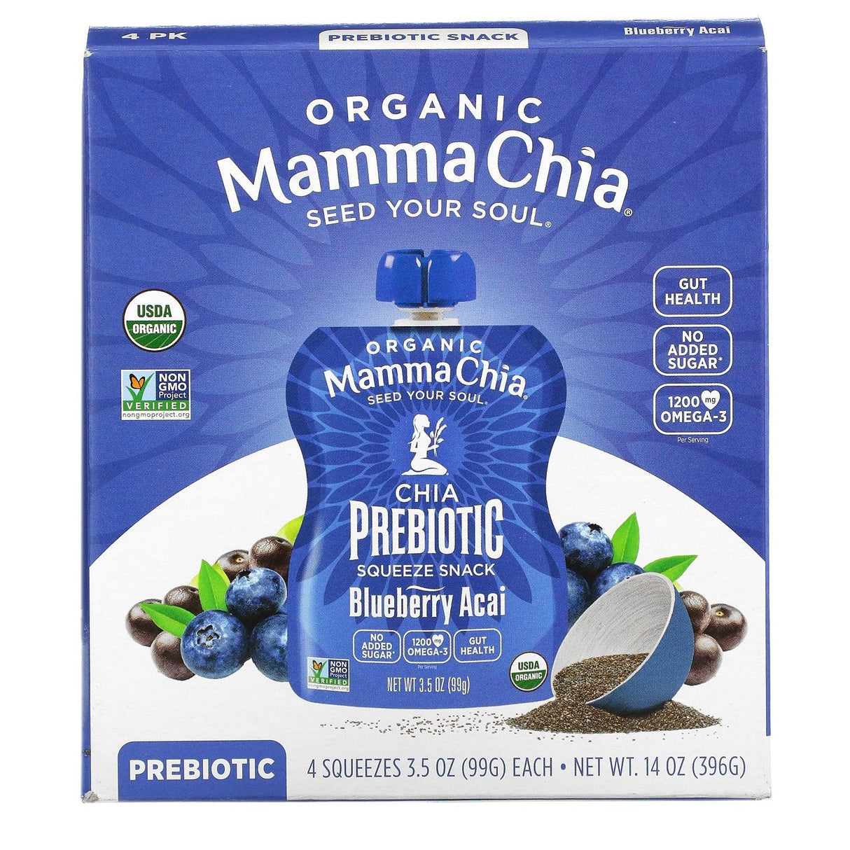 Mamma Chia, Organic Chia Prebiotic Squeeze, Blueberry Acai, 4 Squeezes, 3.5 oz (99 g) Each - Supply Center USA