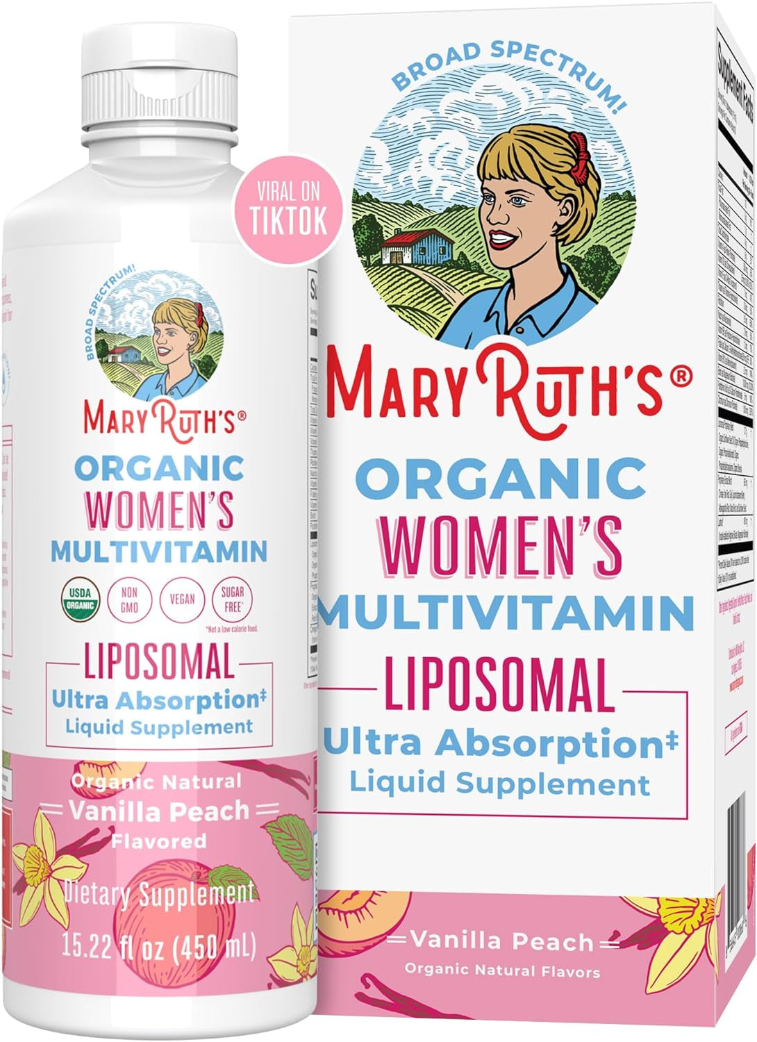 Maryruth Organics | USDA Organic Liquid Multivitamins for Women | Liposomal Womens Multivitamin for Immune Support | Vanilla Peach | Sugar-Free, Vegan | 15.22 Fl Oz - Supply Center USA