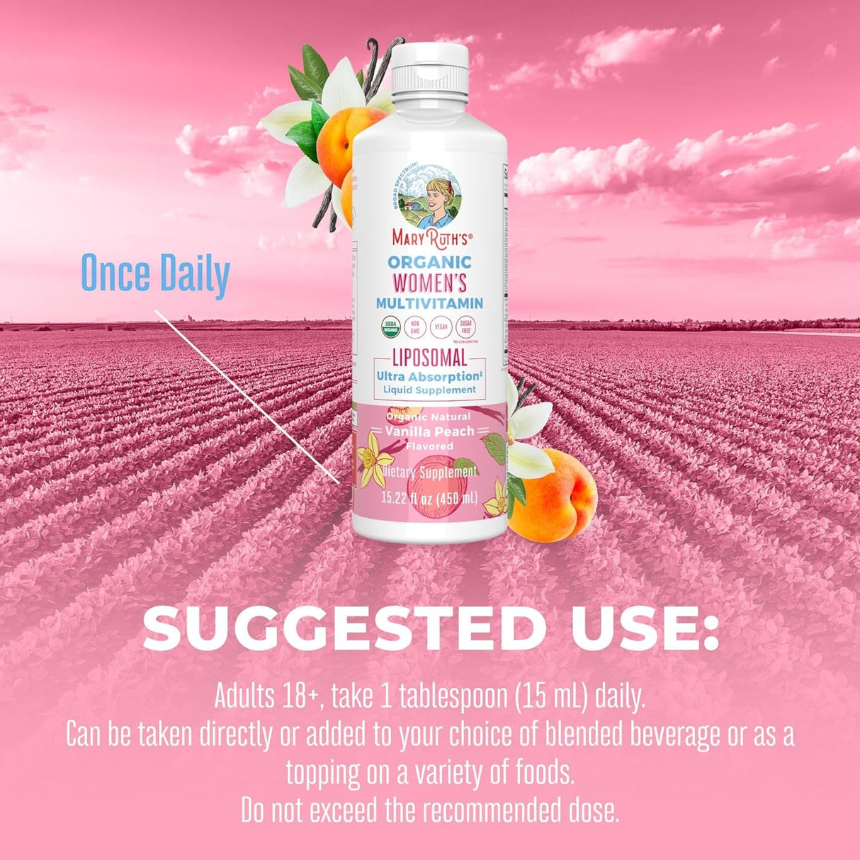 Maryruth Organics | USDA Organic Liquid Multivitamins for Women | Liposomal Womens Multivitamin for Immune Support | Vanilla Peach | Sugar-Free, Vegan | 15.22 Fl Oz - Supply Center USA