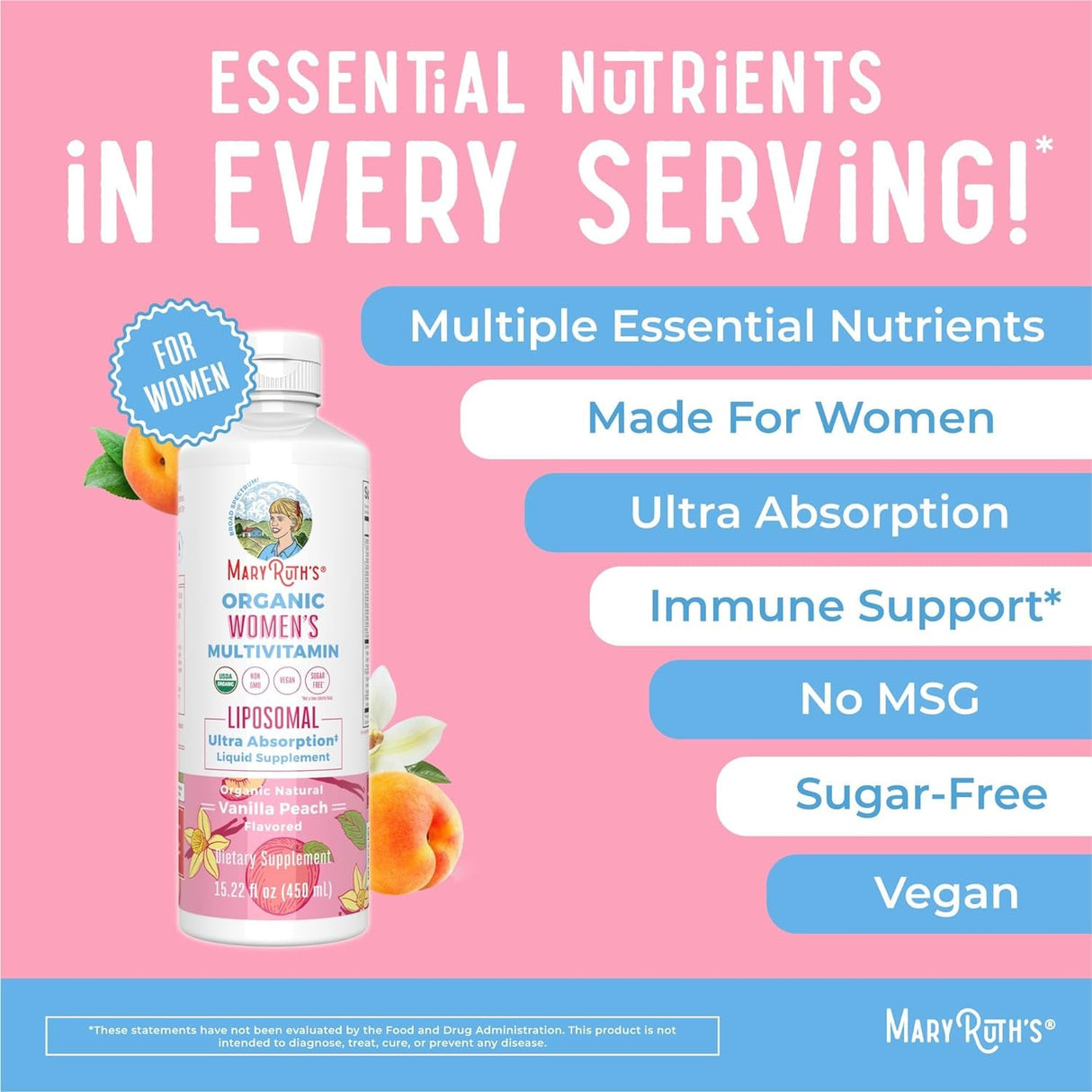 Maryruth Organics | USDA Organic Liquid Multivitamins for Women | Liposomal Womens Multivitamin for Immune Support | Vanilla Peach | Sugar-Free, Vegan | 15.22 Fl Oz - Supply Center USA