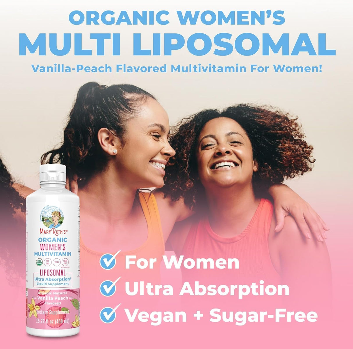Maryruth Organics | USDA Organic Liquid Multivitamins for Women | Liposomal Womens Multivitamin for Immune Support | Vanilla Peach | Sugar-Free, Vegan | 15.22 Fl Oz - Supply Center USA
