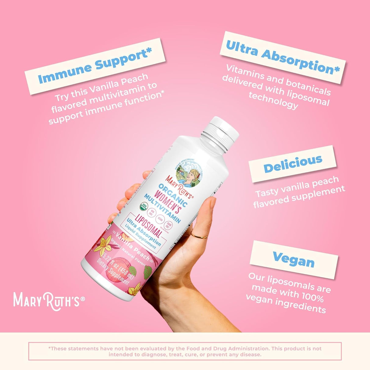 Maryruth Organics | USDA Organic Liquid Multivitamins for Women | Liposomal Womens Multivitamin for Immune Support | Vanilla Peach | Sugar-Free, Vegan | 15.22 Fl Oz - Supply Center USA