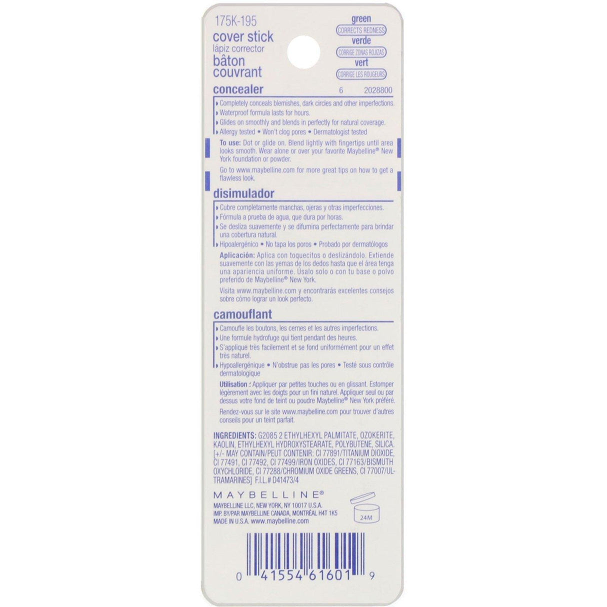 Maybelline, Cover Stick Concealer, 195 Green, 0.16 oz (4.5 g) - Supply Center USA