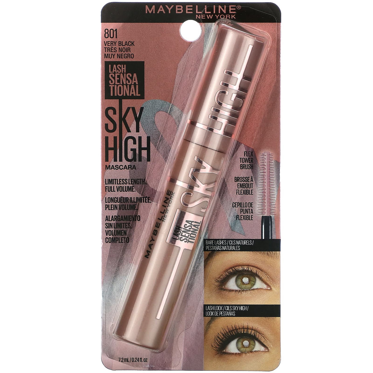 Maybelline, Lash Sensational Mascara, Sky High, 801 Very Black, 0.24 fl oz (7.2 ml) - Supply Center USA