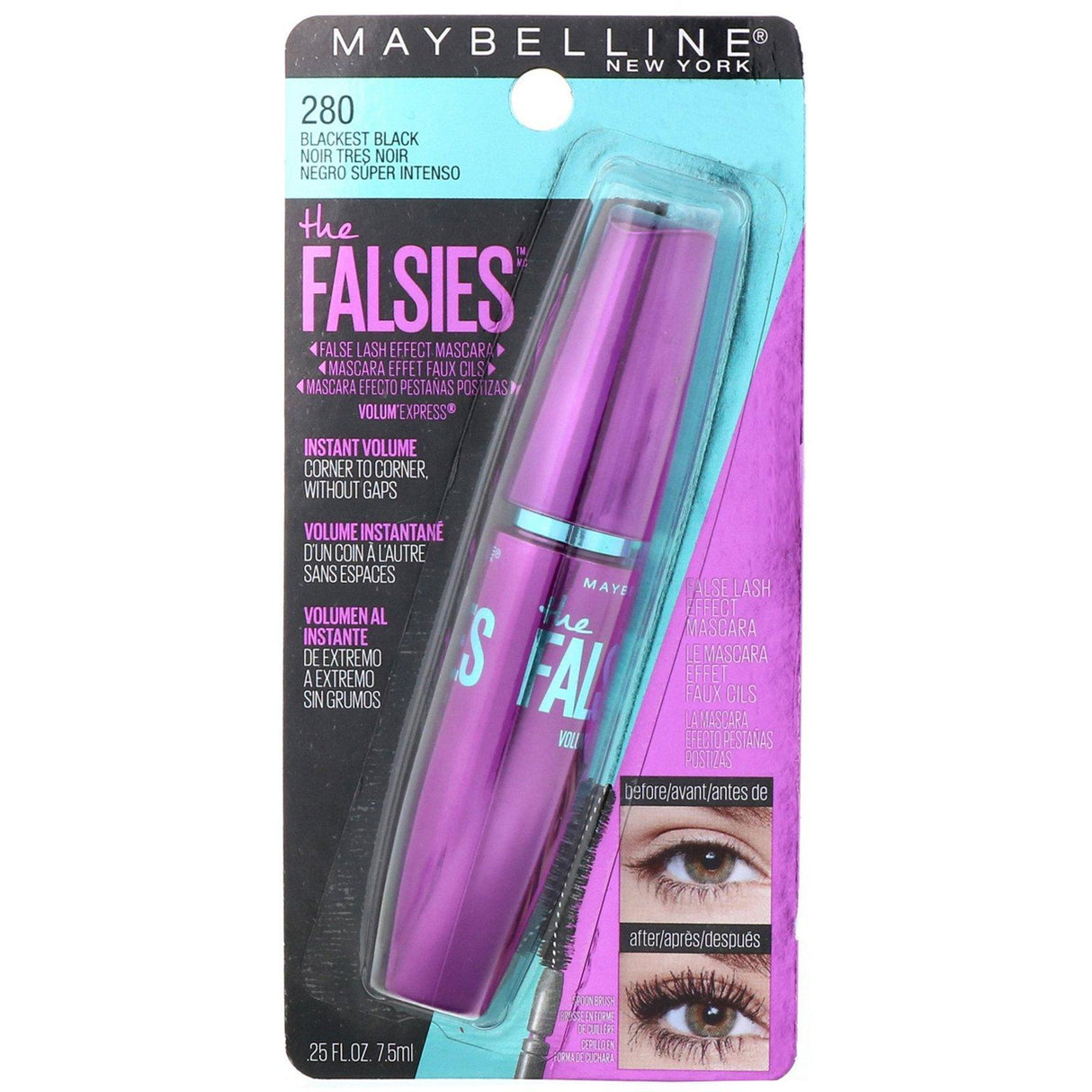 Maybelline, Volum' Express, The Falsies Mascara, 280 Blackest Black, 0.25 fl oz (7.5 ml) - Supply Center USA