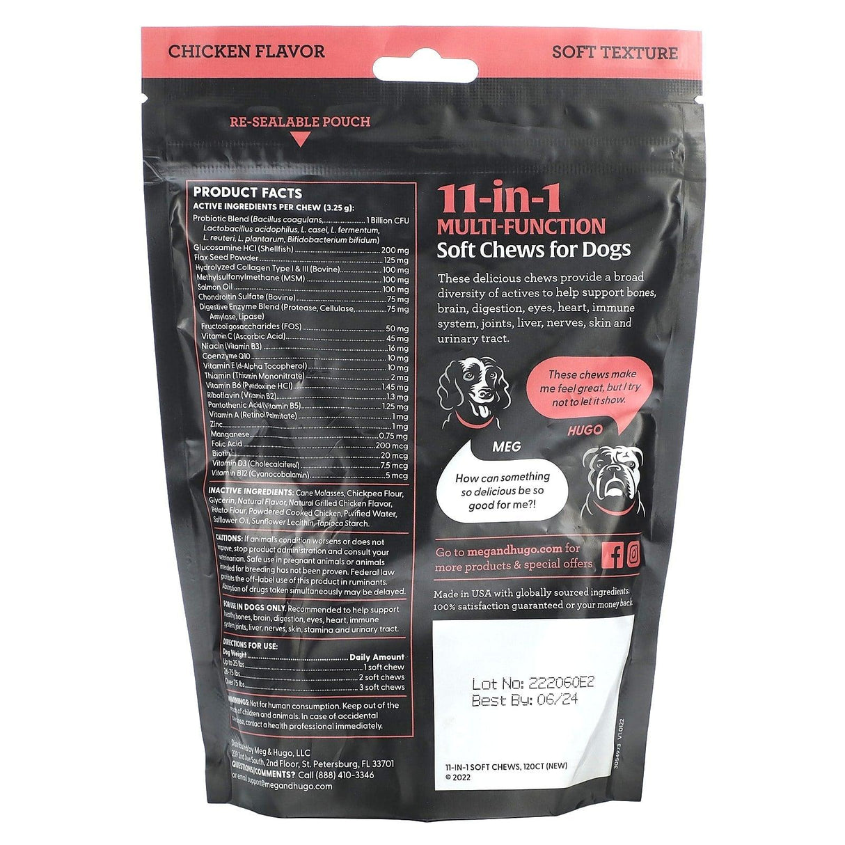 Meg & Hugo, 11-in-1 Multi-Function Soft Chews, For Dogs, All Ages, Chicken, 120 Soft Chews, 13.76 oz (390 g) - Supply Center USA