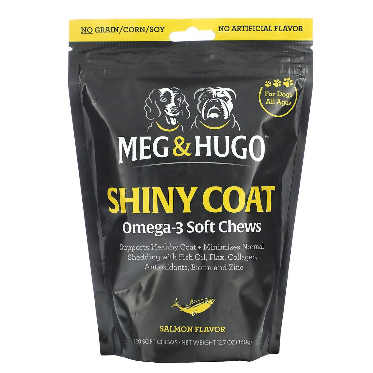 Meg & Hugo, Shiny Coat, Omega-3 Soft Chews, For Dogs, All Ages, Salmon, 120 Soft Chews, 12.7 oz (360 g) - Supply Center USA