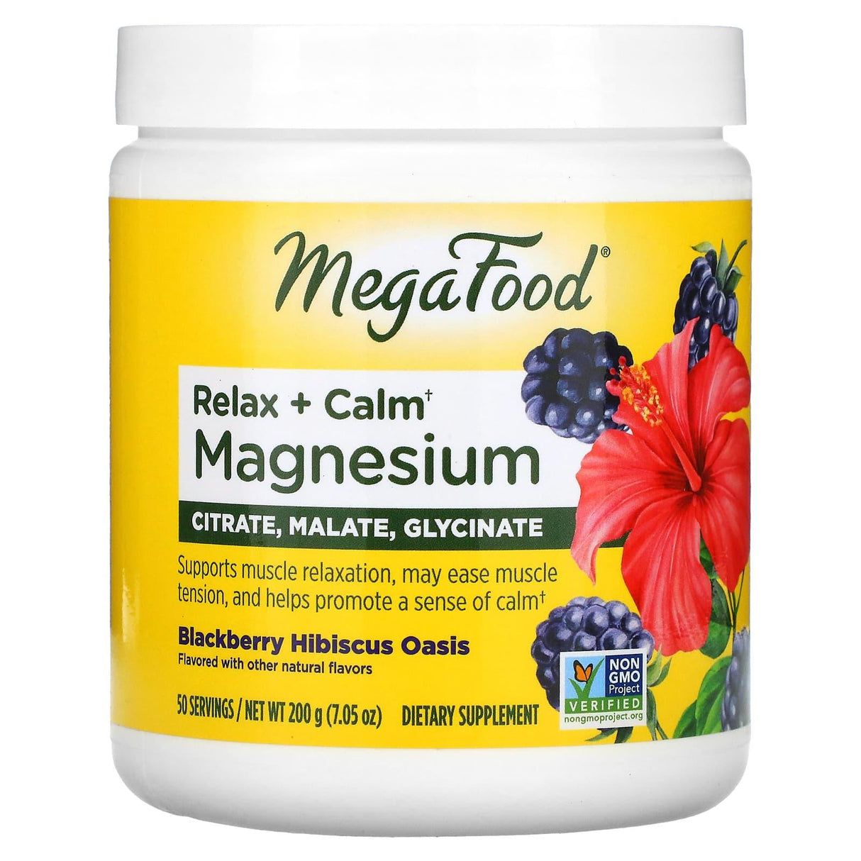 MegaFood, Relax + Calm Magnesium, Blackberry Hibiscus Oasis, 7.05 oz (200 g) - Supply Center USA