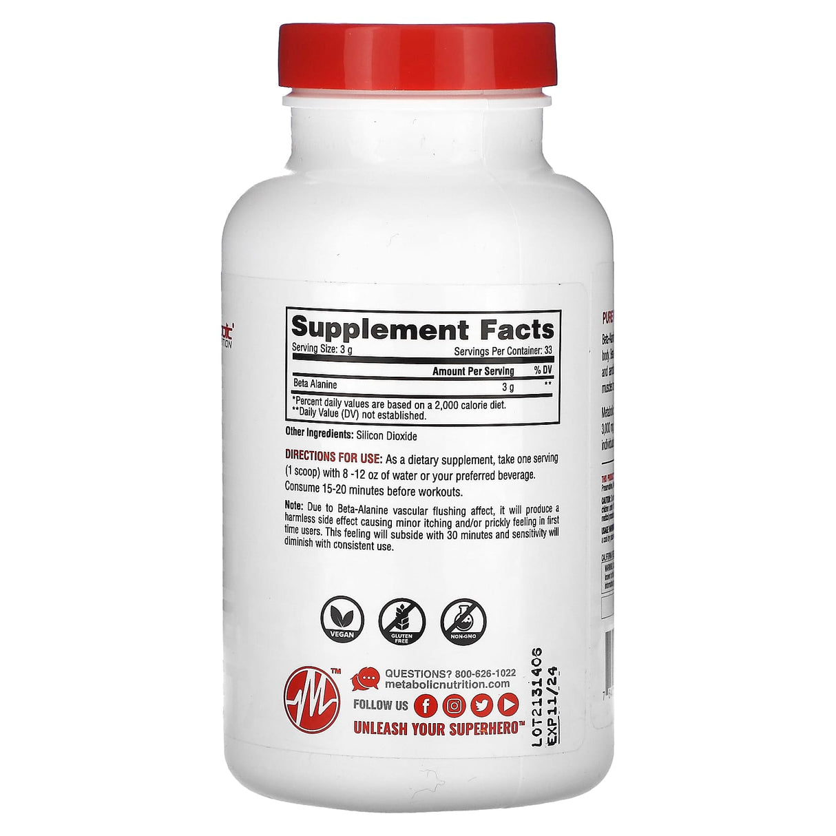 Metabolic Nutrition, Beta-Alanine, Unflavored , 10.58 oz (300 g) - Supply Center USA