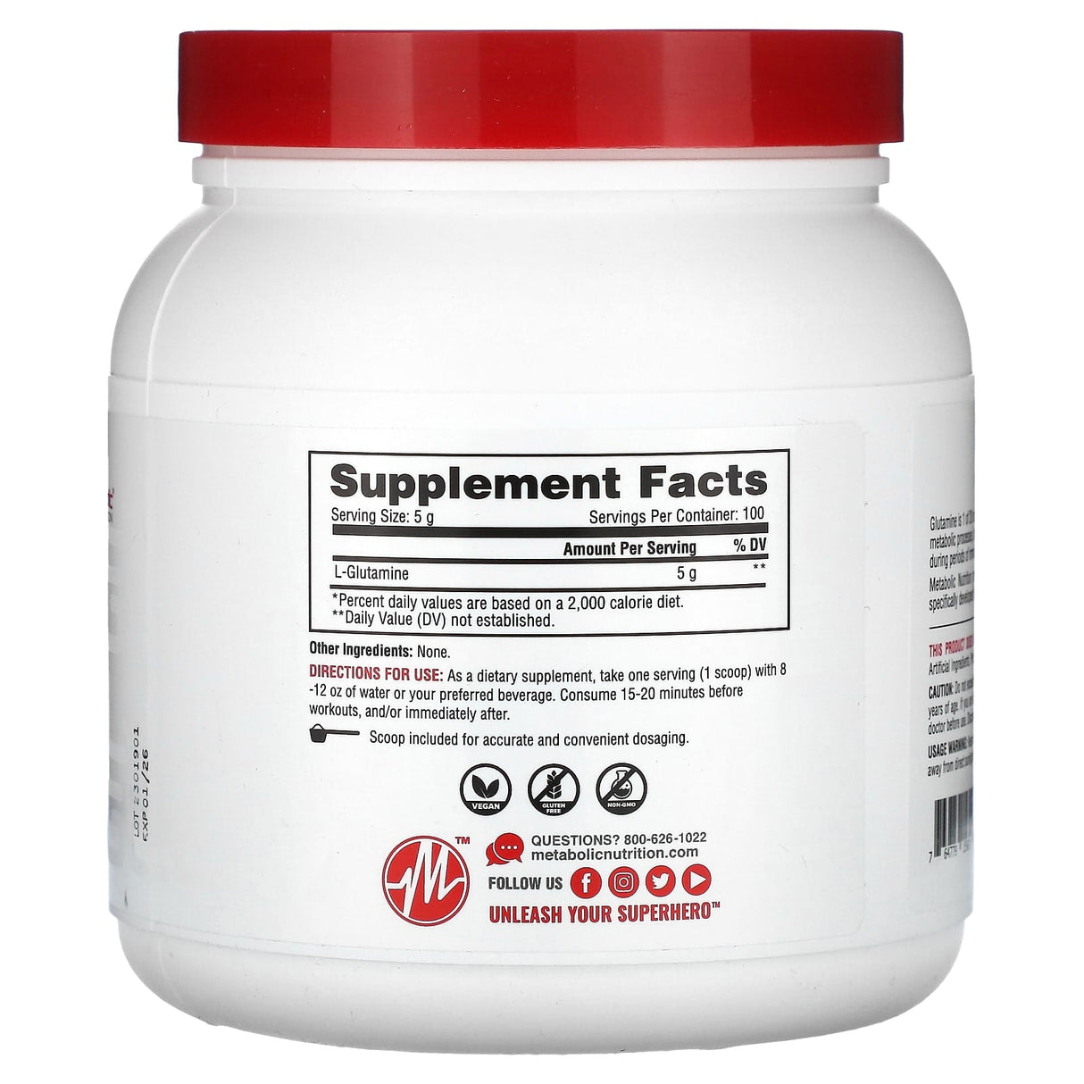 Metabolic Nutrition, L-Glutamine, Unflavored, 17.64 oz (500 g) - Supply Center USA