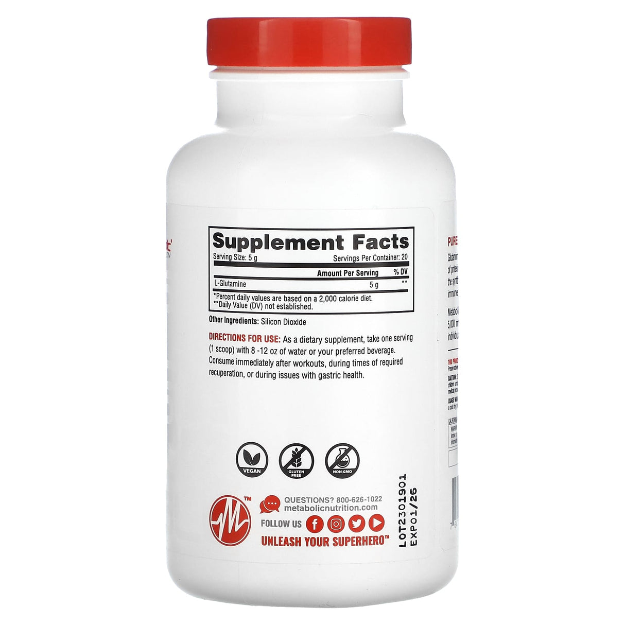 Metabolic Nutrition, L-Glutamine, Unflavored, 3.52 oz (100 g) - Supply Center USA