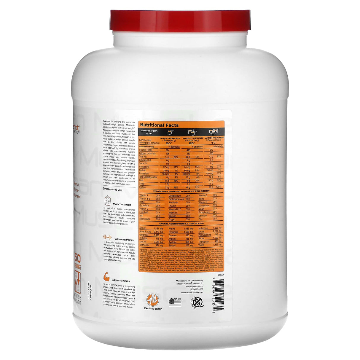 Metabolic Nutrition, MuscLean, Lean Muscle Weight Gainer, Peanut Butter Milkshake, 5 lb - Supply Center USA
