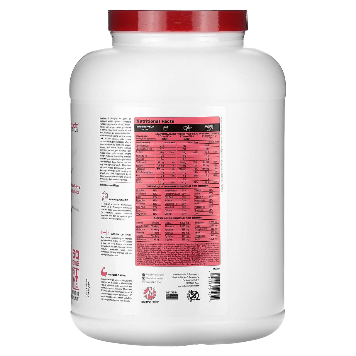 Metabolic Nutrition, MuscLean, Lean Muscle Weight Gainer, Vanilla Milkshake, 2.5 lb - Supply Center USA