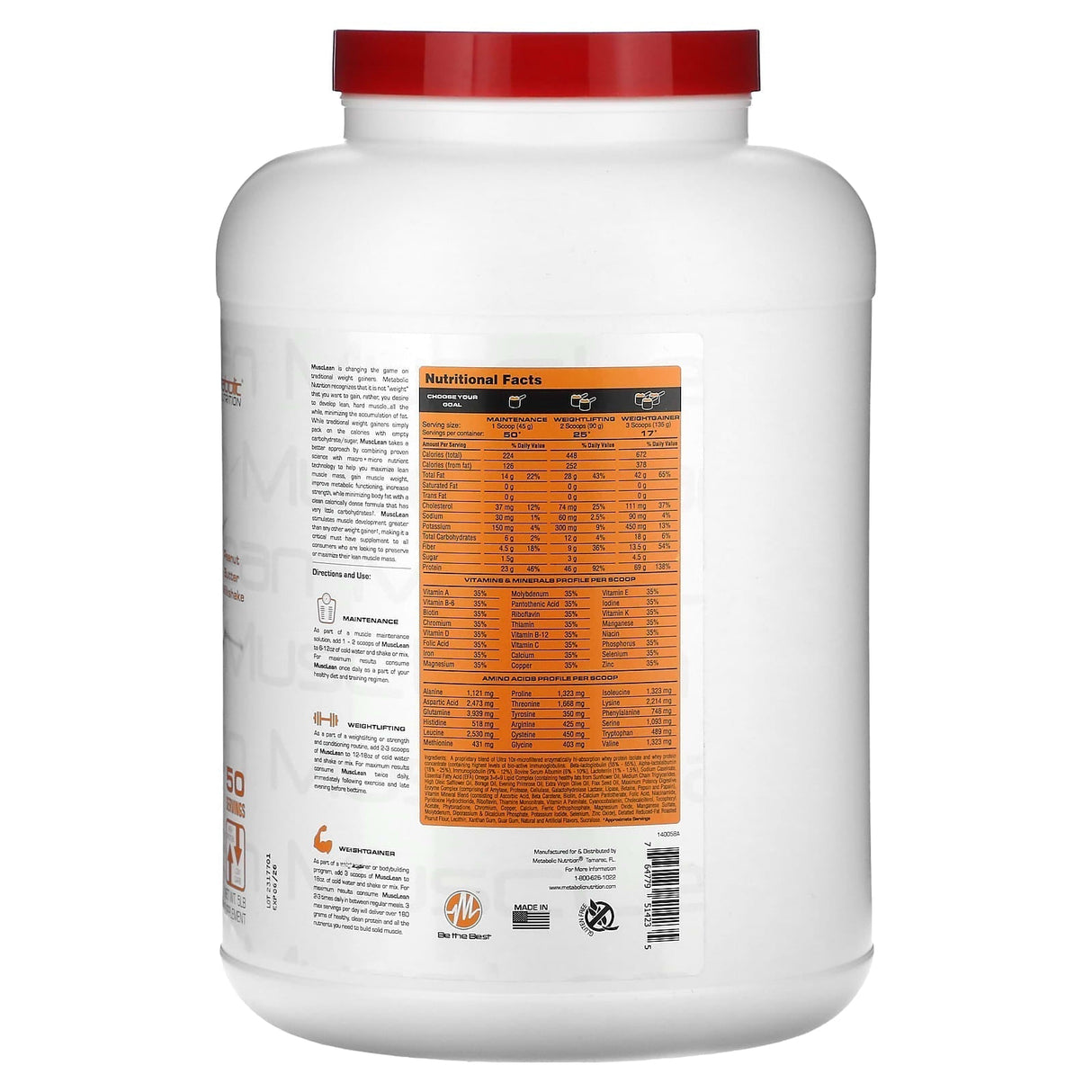 Metabolic Nutrition, MuscLean, Lean Muscle Weight Gainer, Vanilla Milkshake, 2.5 lb - Supply Center USA