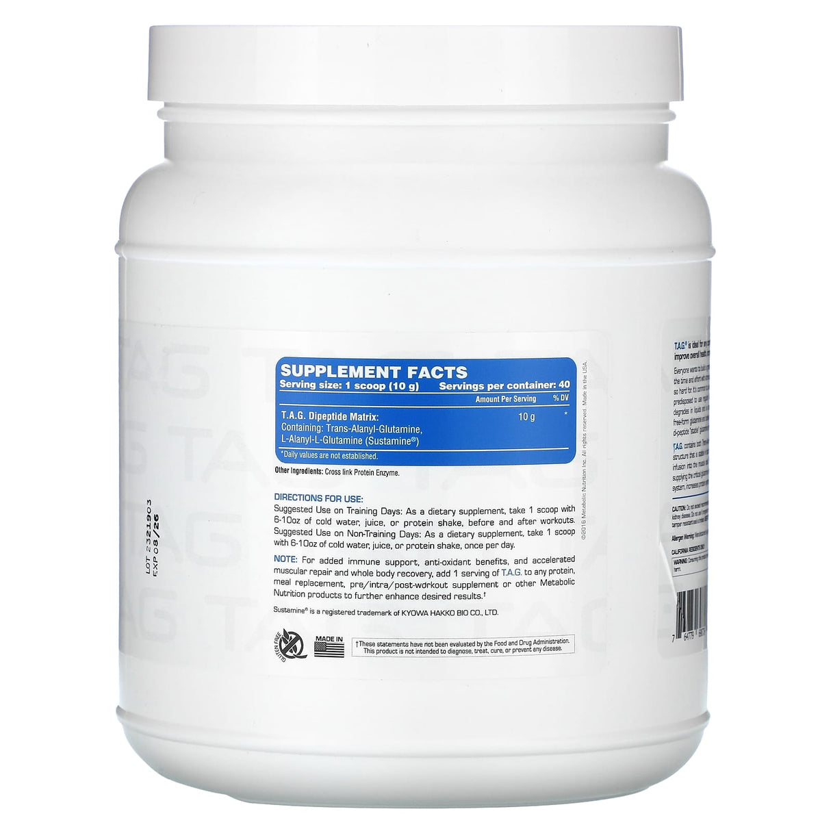 Metabolic Nutrition, T.A.G., Unflavored, 14.1 oz (400 g) - Supply Center USA