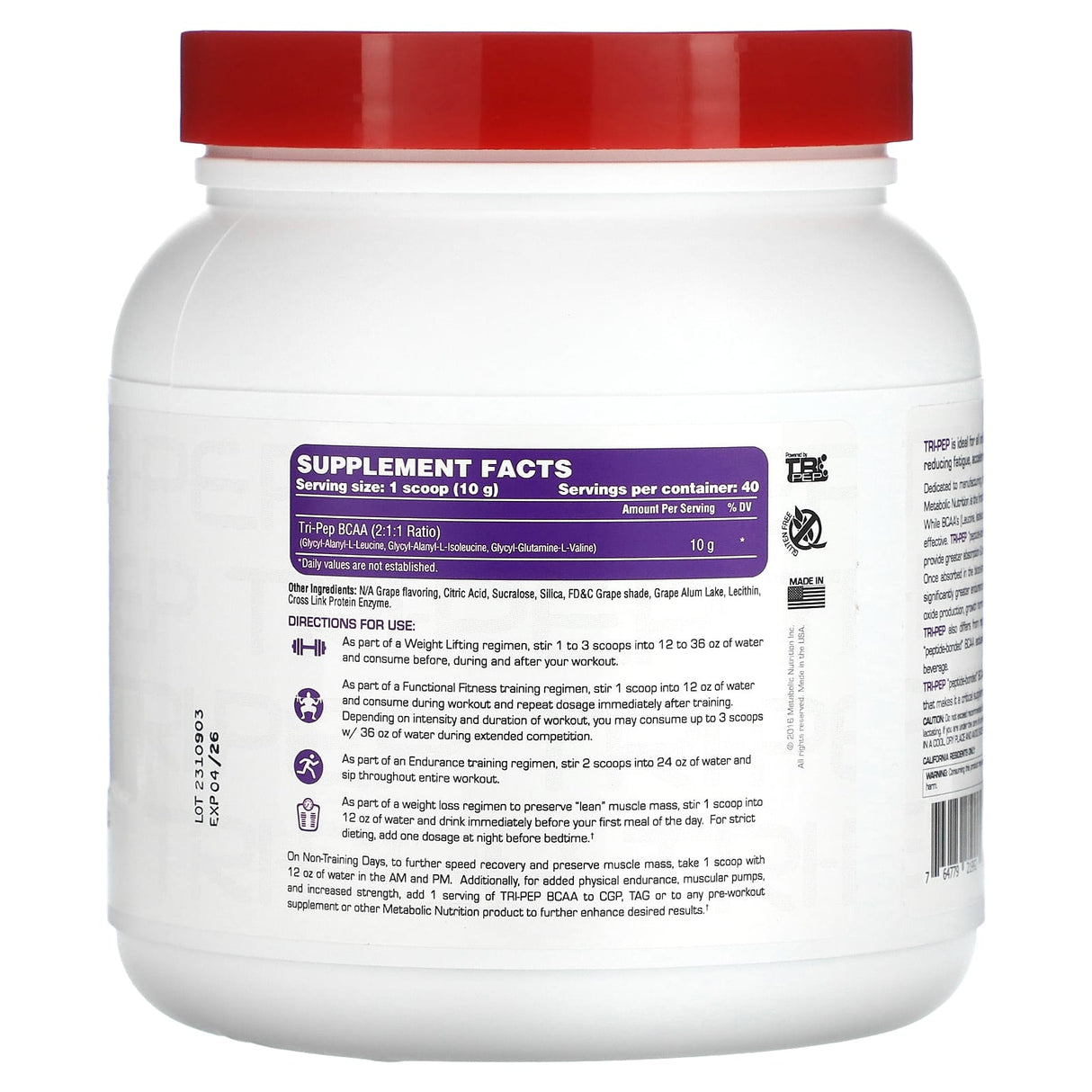 Metabolic Nutrition, Tri-Pep, Branch Chain Amino Acid, Grape, 14.1 oz, (400 g) - Supply Center USA