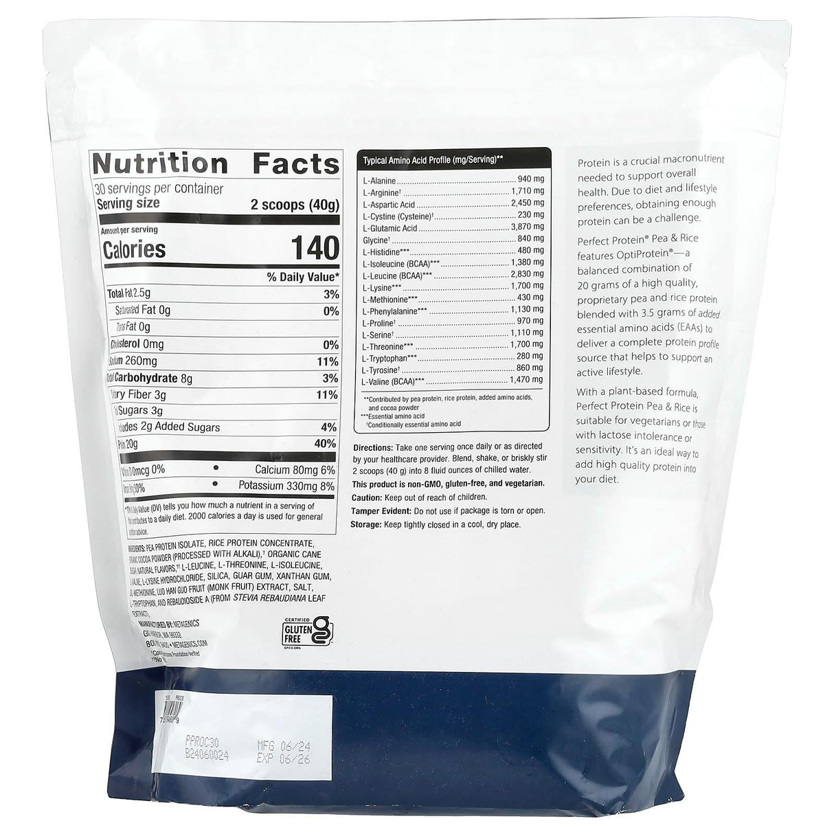 Metagenics, Perfect Protein® Pea & Rice, Natural Chocolate, 2 lb 10.33 oz (1,200 g) - Supply Center USA