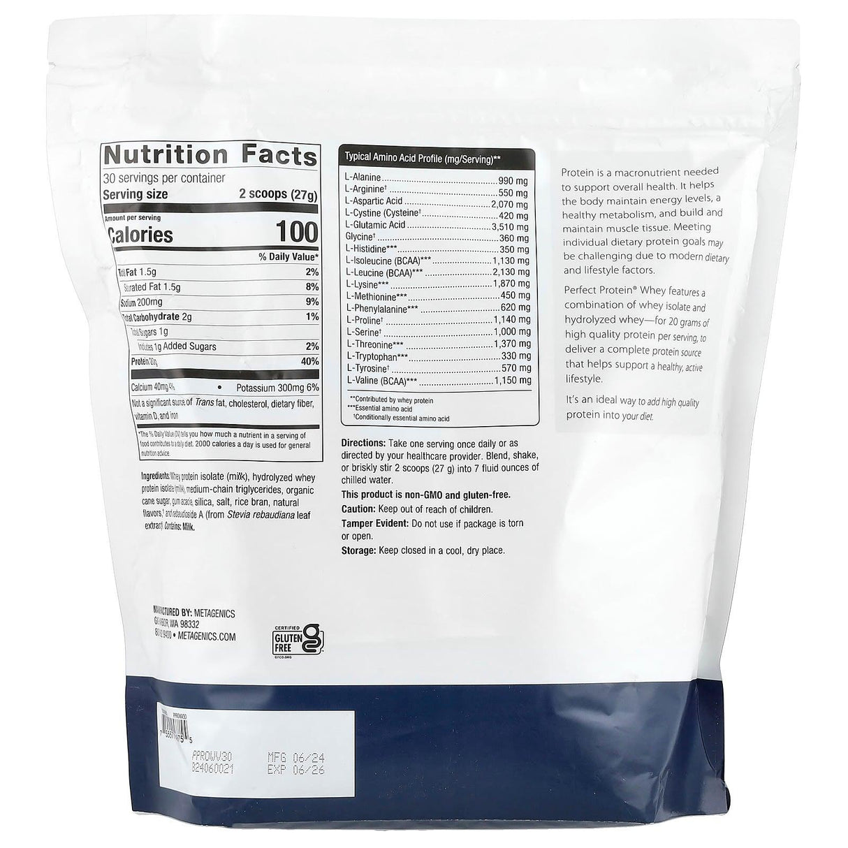 Metagenics, Perfect Protein® Whey, Natural Vanilla , 1 lb 12.57 oz (810 g) - Supply Center USA
