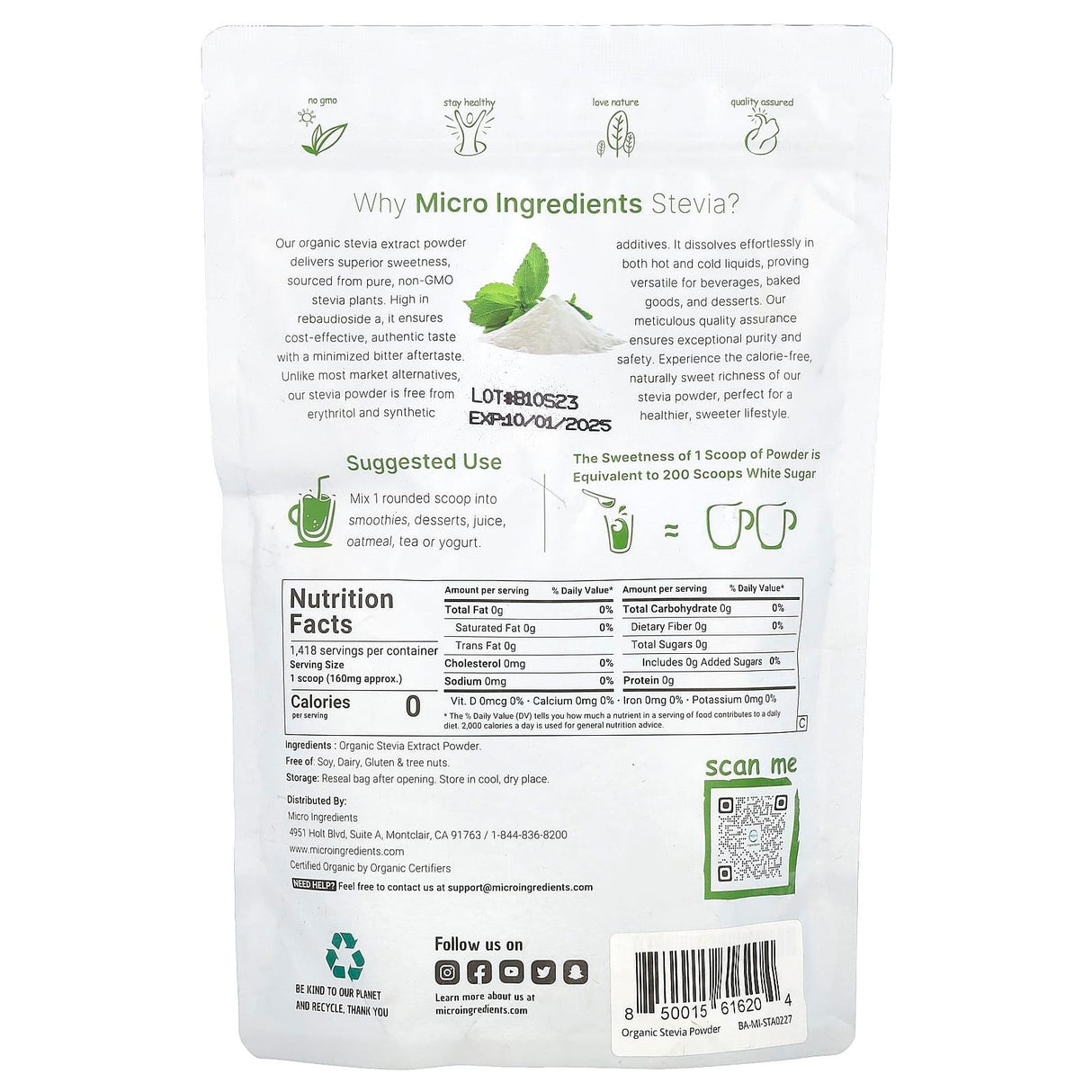 Micro Ingredients, Organic Stevia Extract Powder, 8 oz (227 g) - Supply Center USA