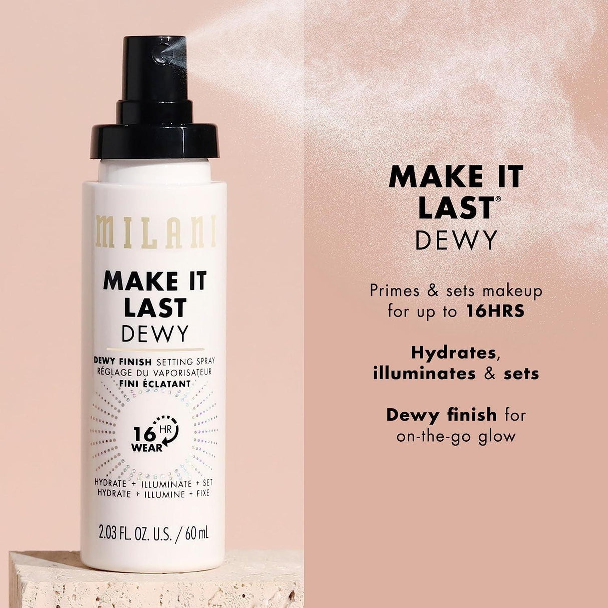 Milani Make It Dewy Setting Spray 3 in 1- Hydrate + Illuminate + Set (2.03 Fl. Oz.) Makeup Finishing Spray - Makeup Primer & Hydrating Setting Spray - Supply Center USA