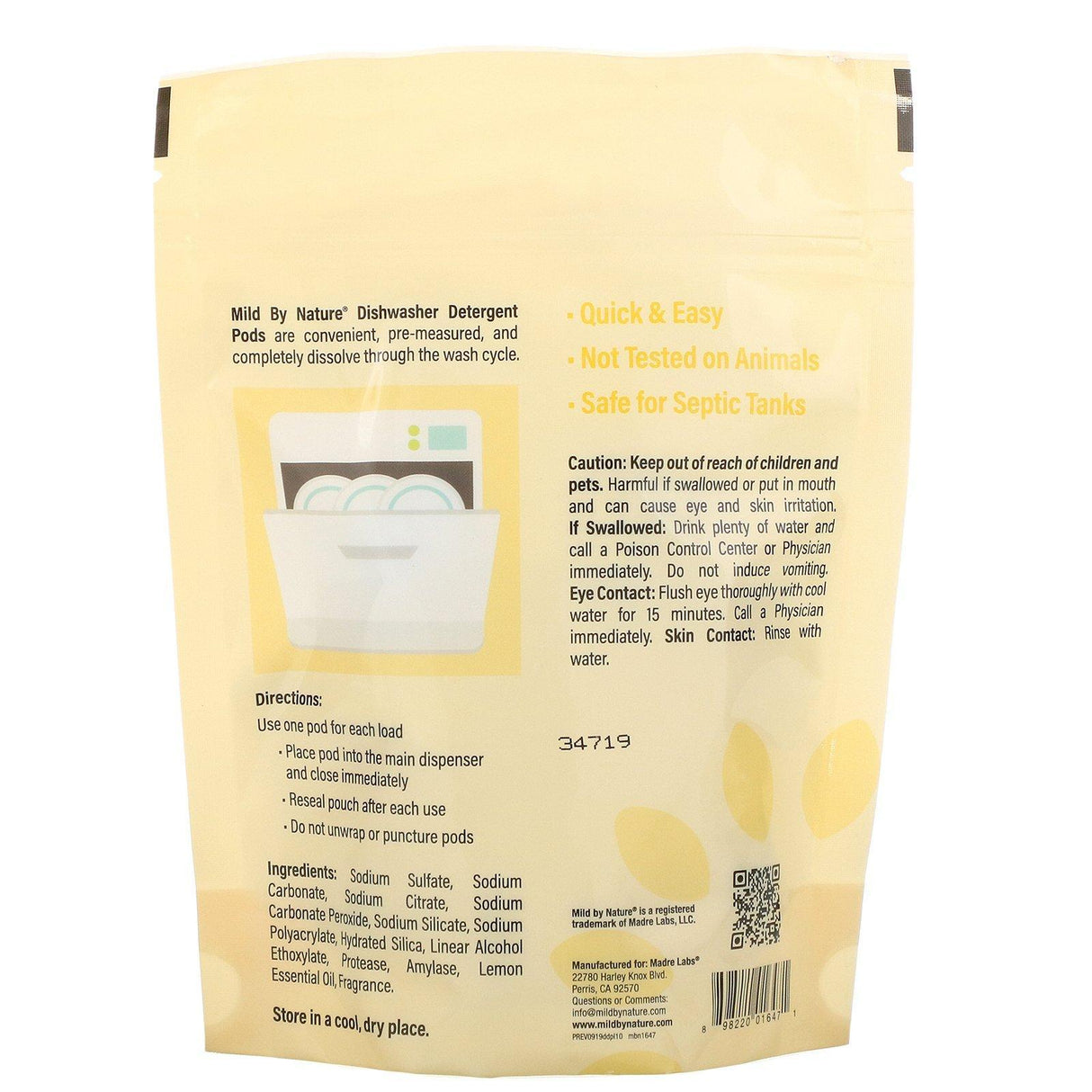 Mild By Nature, Automatic Dishwashing Detergent Pods, Lemon Scent, 10 Loads, 0.39 lbs, 6.24 oz (177 g) - Supply Center USA