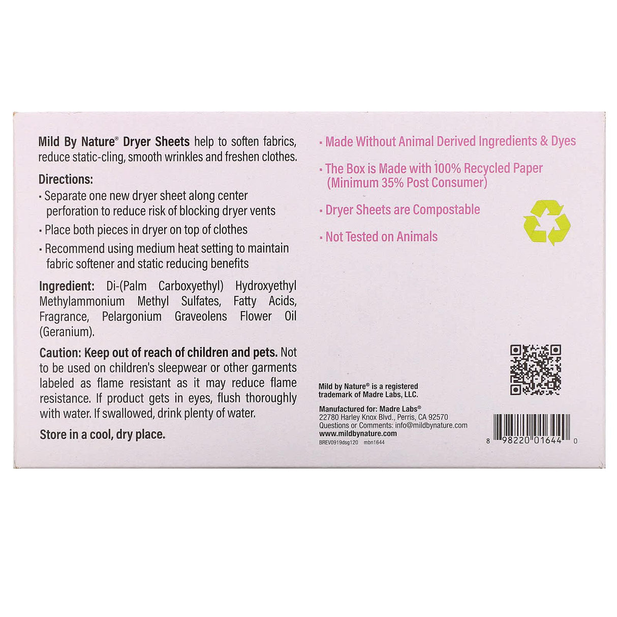 Mild By Nature, Dryer Sheets, Geranium, 120 Compostable Sheets - Supply Center USA
