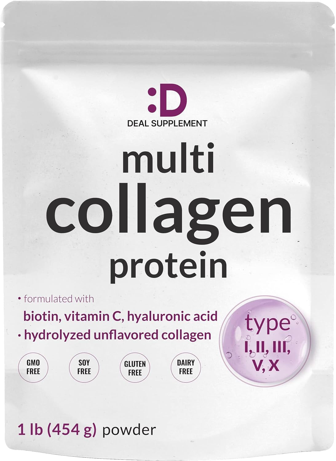 Multi Collagen Protein Powder,1Lb - Type I, II, III, V, X Collagen Peptides with Biotin 10000Mcg, Vitamin C & Hyaluronic Acid - Unflavored - Keto & Paleo Friendly, Great for Hair, Skin, Nails & Joints - Supply Center USA